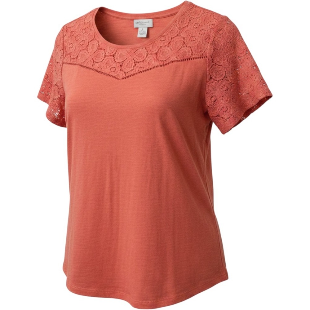 Liz Claiborne Woman Coral Orange Lace Yoke Short Sleeve Top 1X Cotton‎ Blend